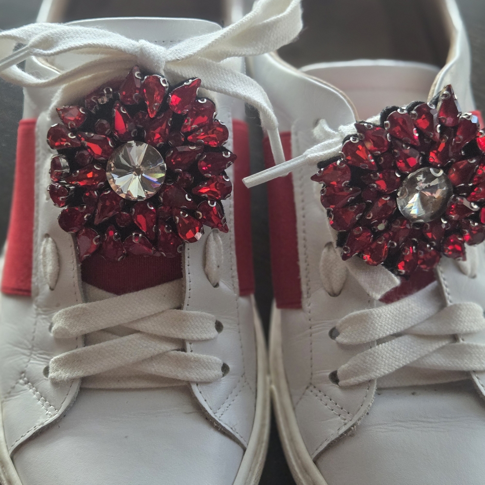 White and Red Embellished Women's Sneakers
